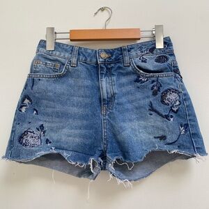 Zara Blue Embroidered & Beaded Denim Cutoff Shorts